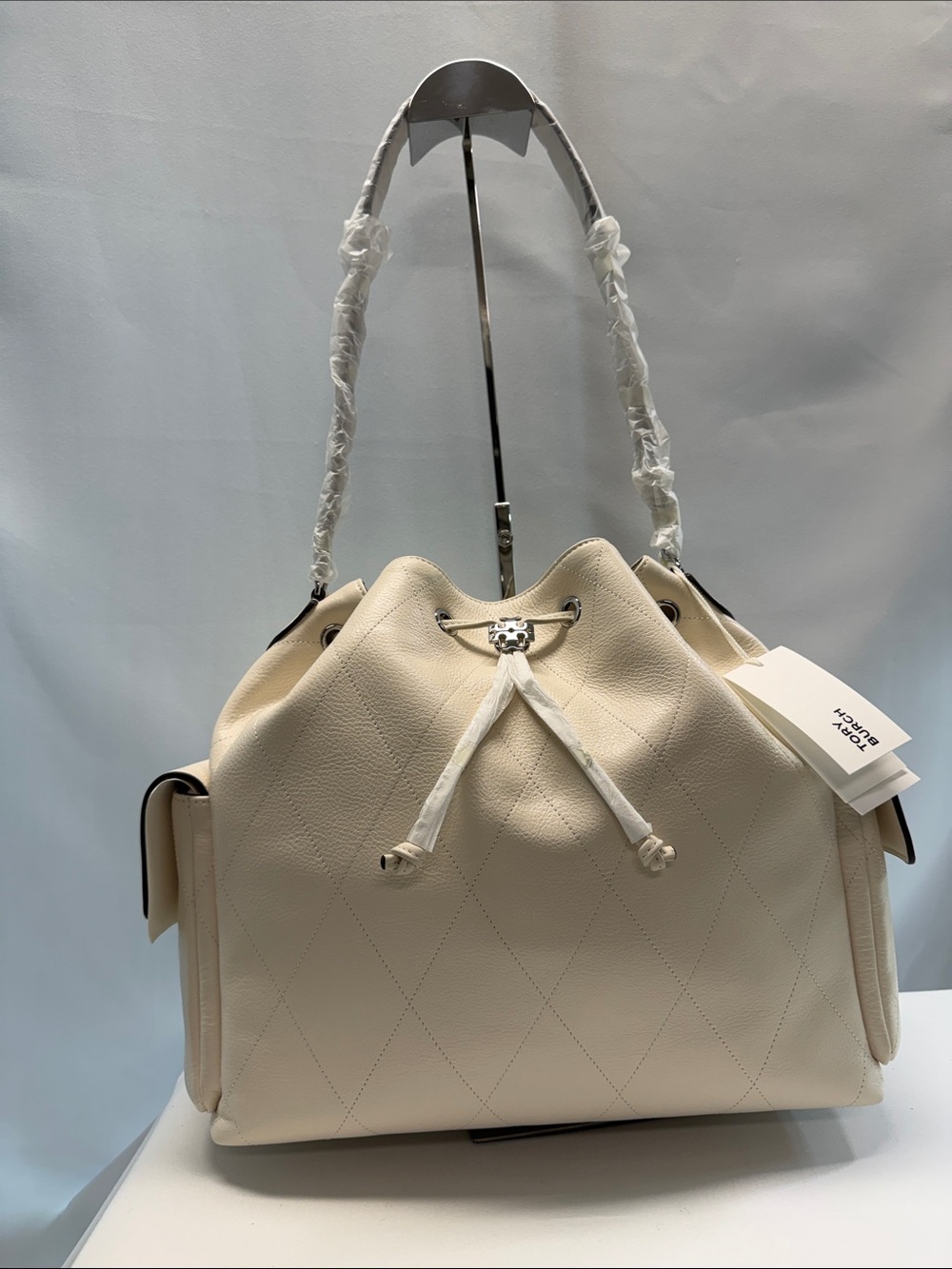 Tory Burch Charlie Large Quilted Drawstring Shoulder Bag – White
